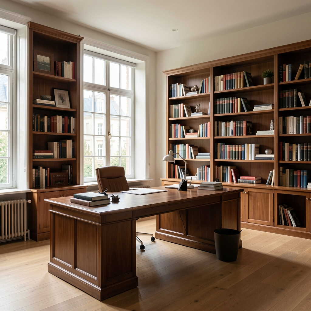 Editorial office interior with bookshelves, a large writing desk, and natural light from tall windows