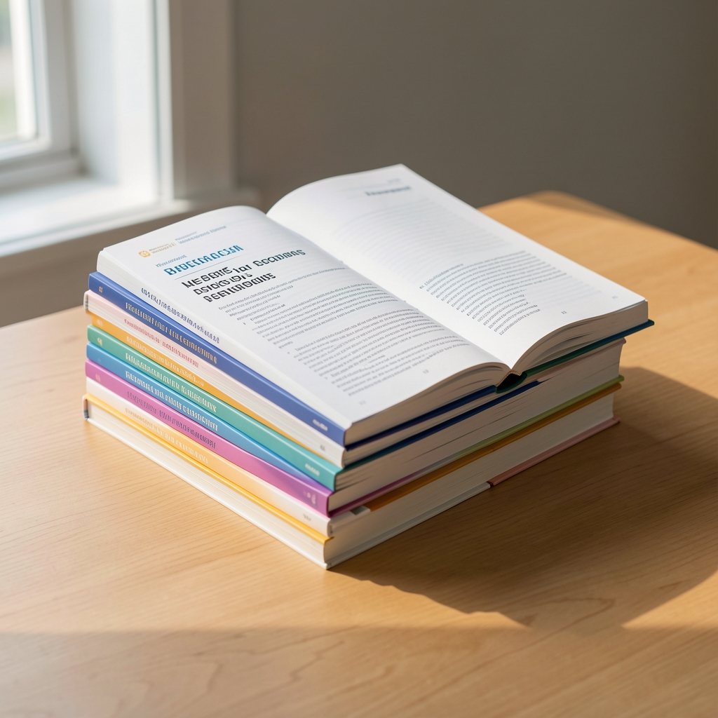 Stack of open research journals and notebooks on a clean wooden surface, minimal setup, morning light