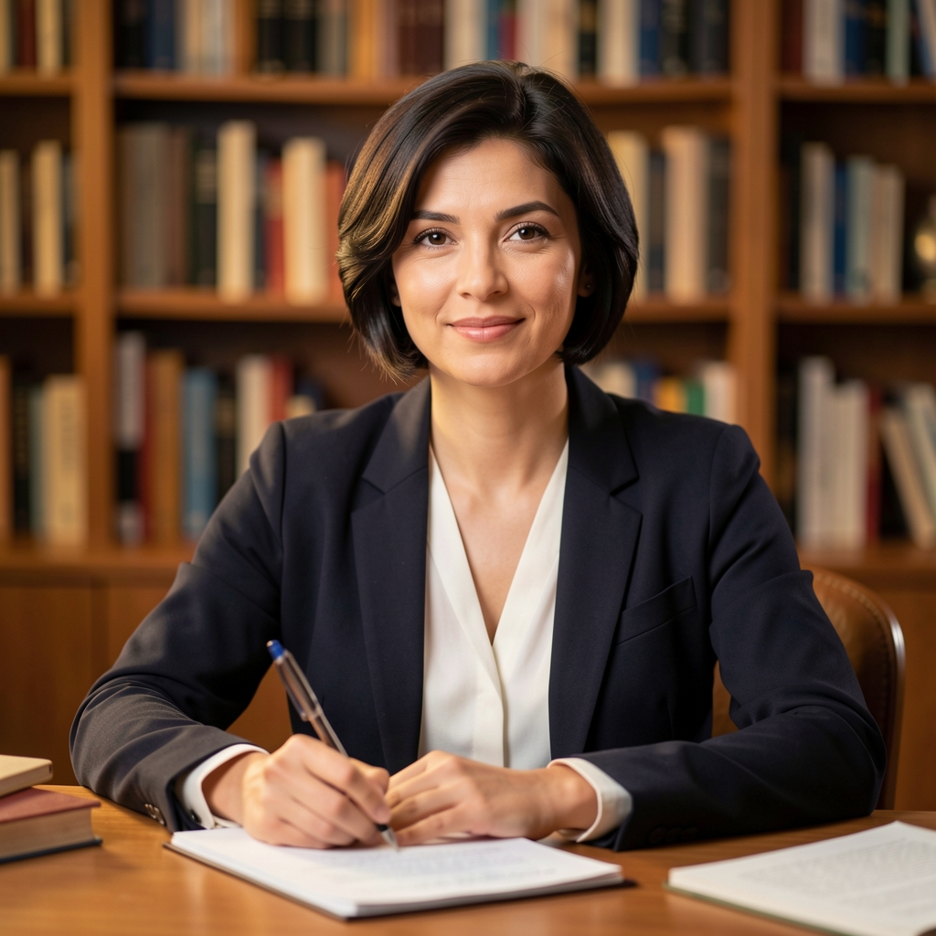 Editorial portrait of a woman with short dark hair seated at a writing desk, warm studio lighting, bookshelves in background