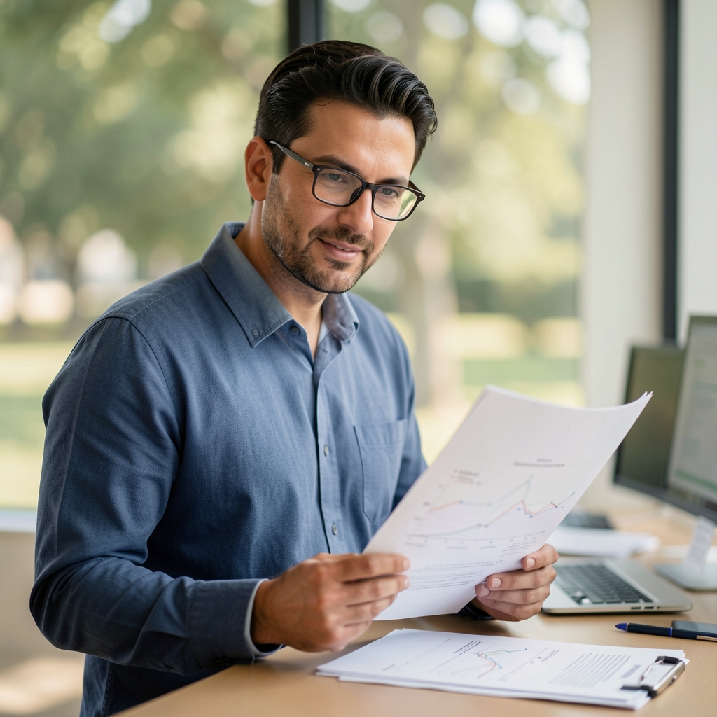 Portrait of a man with glasses at a standing desk reviewing printed research papers, controlled daylight studio setting