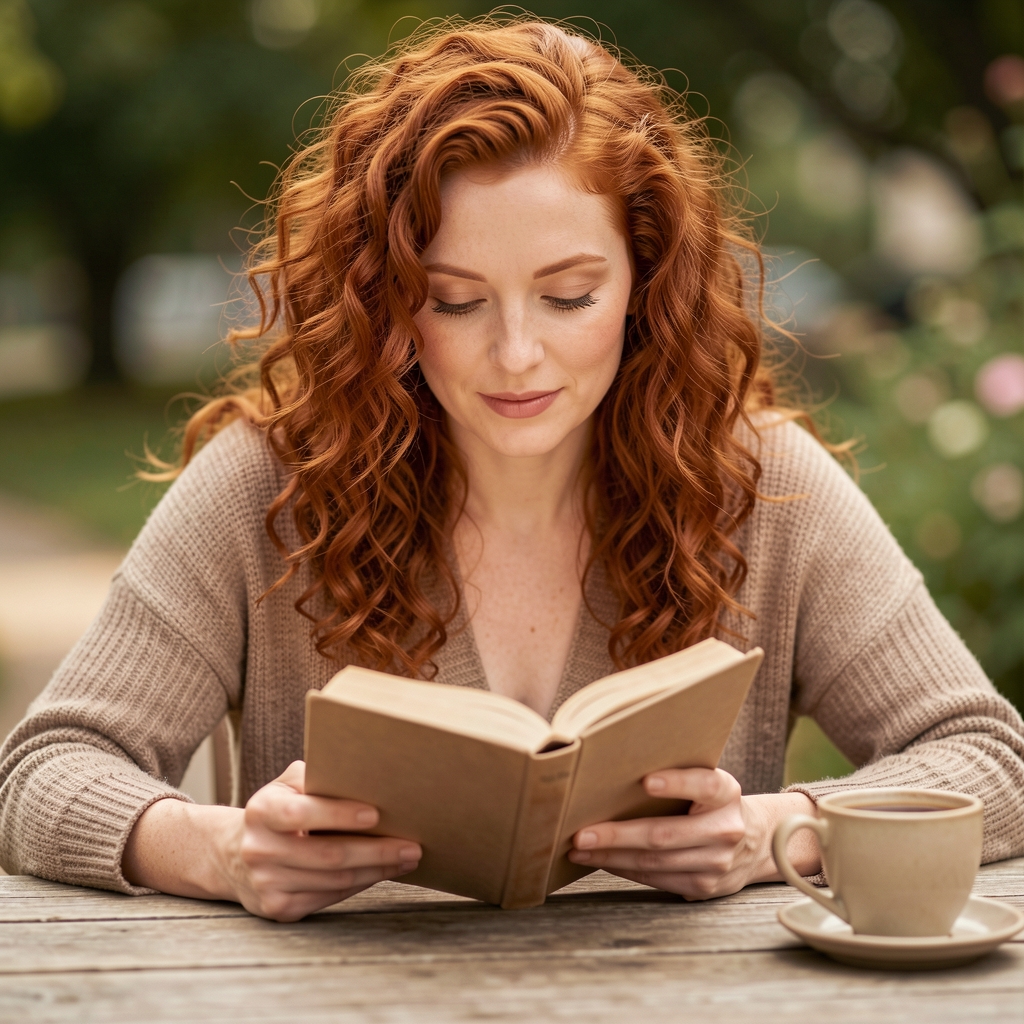 Portrait of a woman with curly red hair reading a journal at a wooden table, natural light, coffee cup nearby