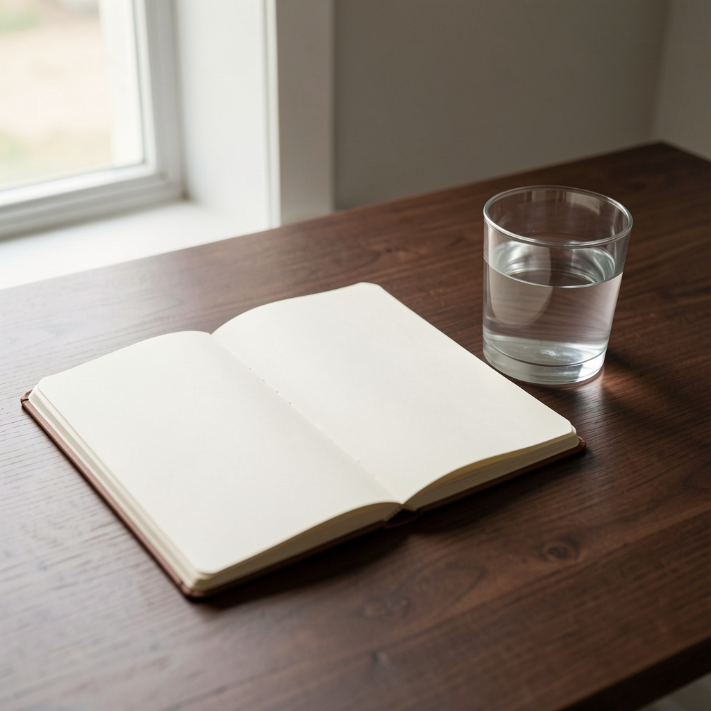 Open notebook and glass of water on a minimal dark wooden desk in soft morning light, editorial wellness setting