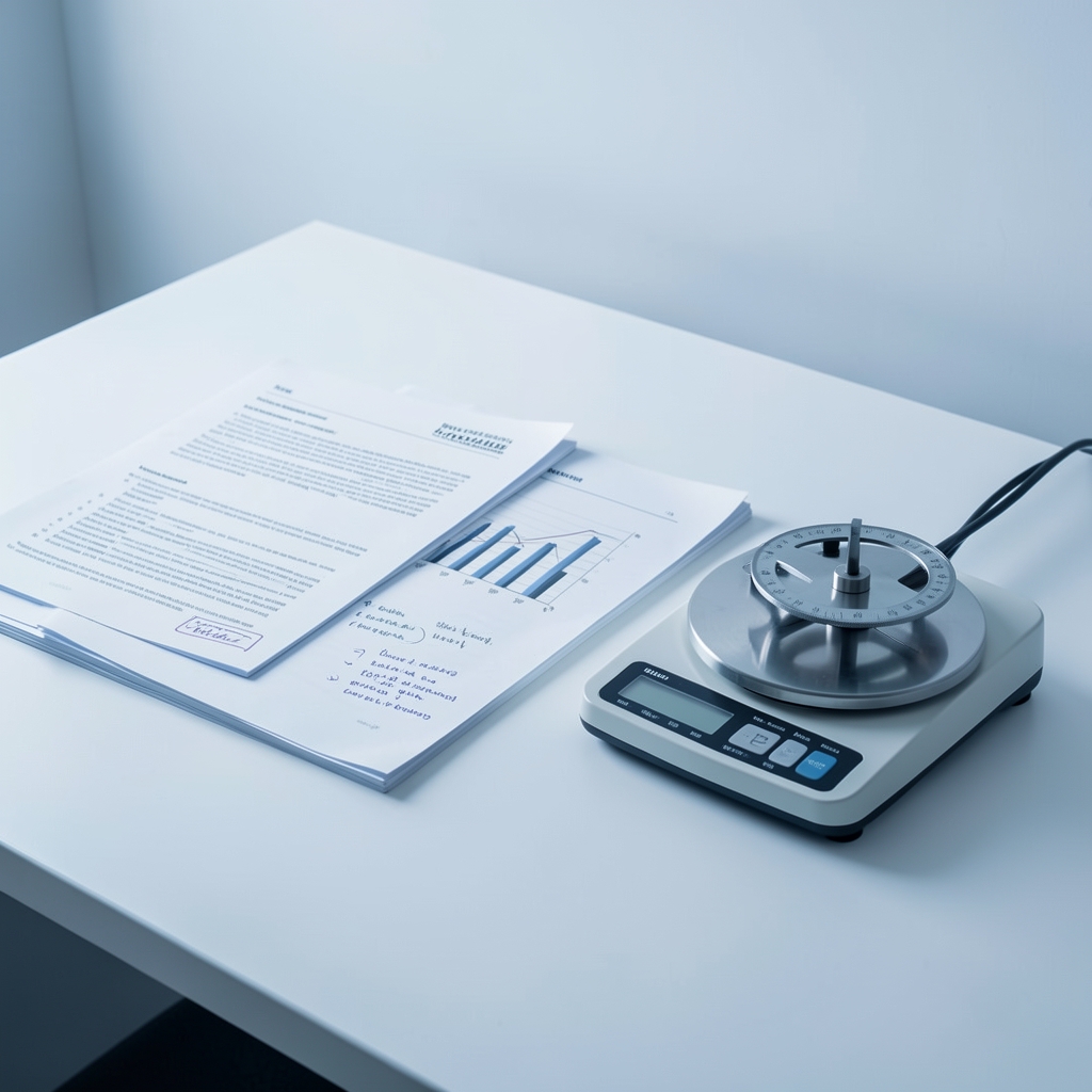 Editorial workspace with annotated research papers and a precision scale resting on a clean white surface under cool controlled lighting